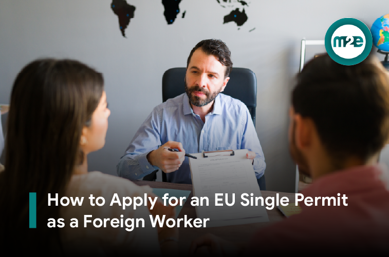 Foreign worker filling in a residence and work permit application form at a desk
