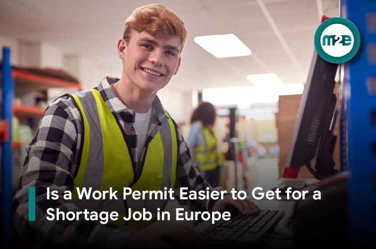 Foreign worker reviewing work permit documents at a desk with a map of Europe