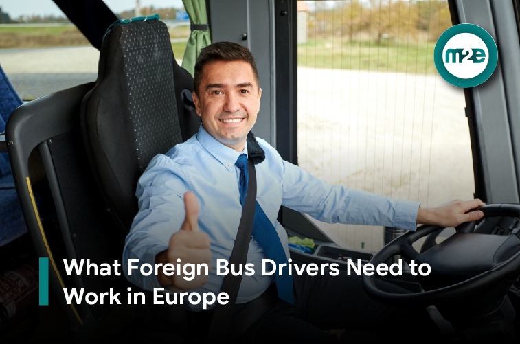 Professional driver at the wheel of a modern city bus on a European street