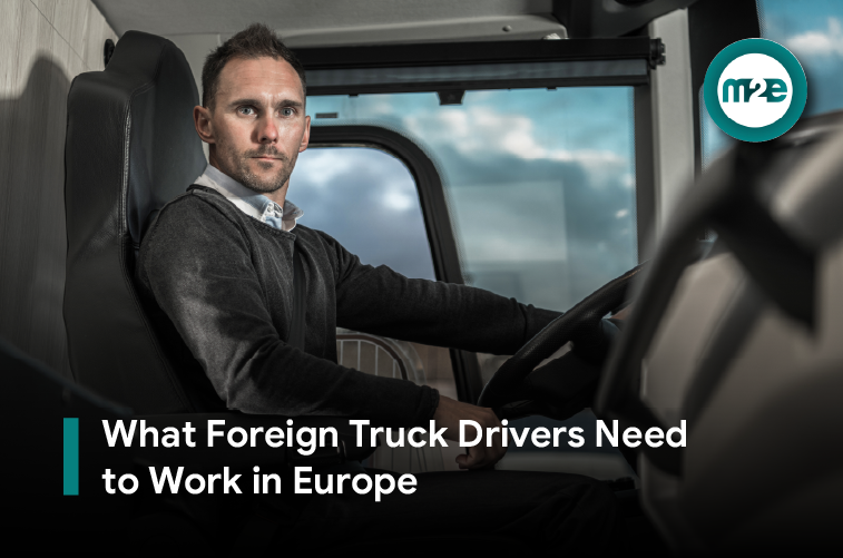 Truck driver checking documents beside an articulated lorry at a European logistics depot